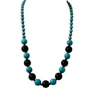 Dyed Turquoise and Black Beaded Necklace, Round Beads, 24" Long